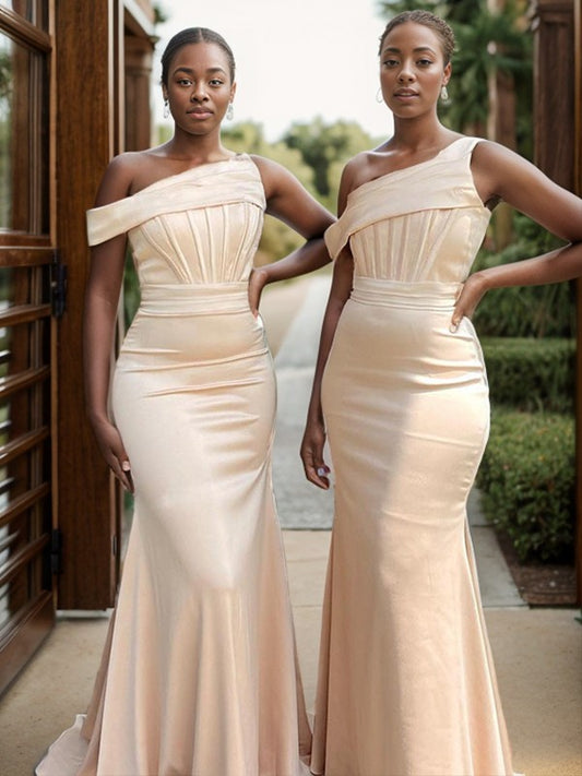 Sheath/pillar shaped silk satin pleats in a timely and long style bridesmaid dress