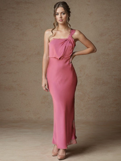Tight fitting/columnar elastic woven satin pleated one shoulder and ankle off shoulder bridesmaid dress
