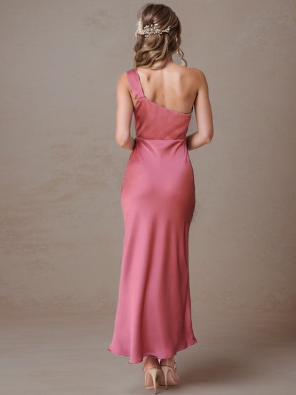 Tight fitting/columnar elastic woven satin pleated one shoulder and ankle off shoulder bridesmaid dress