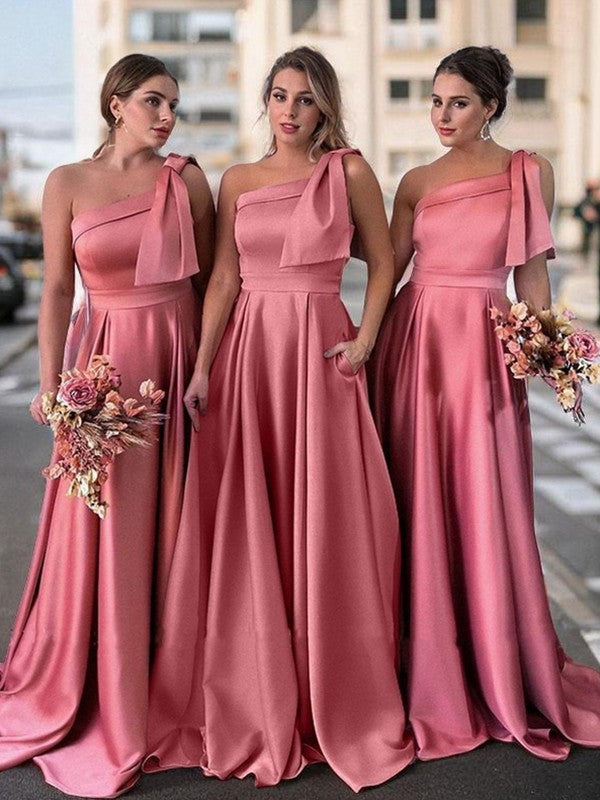 One shoulder to ground length satin bridesmaid dress