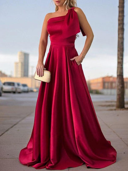 One shoulder to ground length satin bridesmaid dress