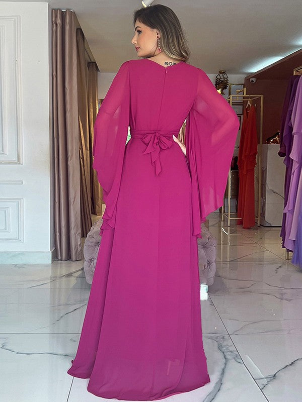 A-line V-neck Chiffon Ruched Floor-length Dress Dark Navy Plus Size main image 0