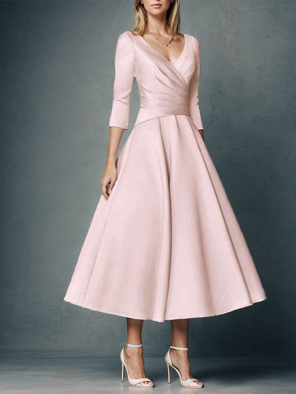 A-shaped/princess zippered pleated V-neck 3/4 sleeve satin tea long mother of the bride dresses