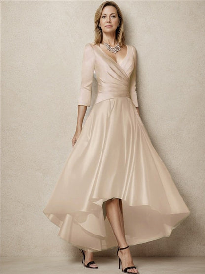 A-shaped/princess zippered pleated V-neck 3/4 sleeve satin tea long mother of the bride dresses