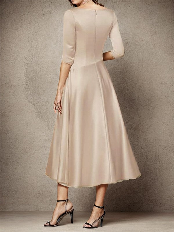 A-shaped/princess zippered pleated V-neck 3/4 sleeve satin tea long mother of the bride dresses