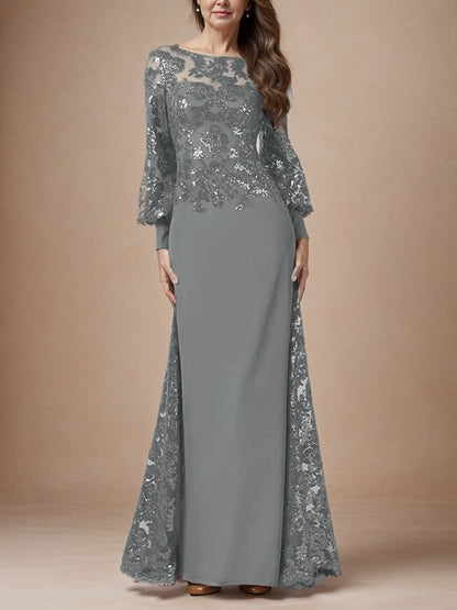 Tight fit/post V-back sequin captain sleeve chiffon mopping mother of the bride dresses