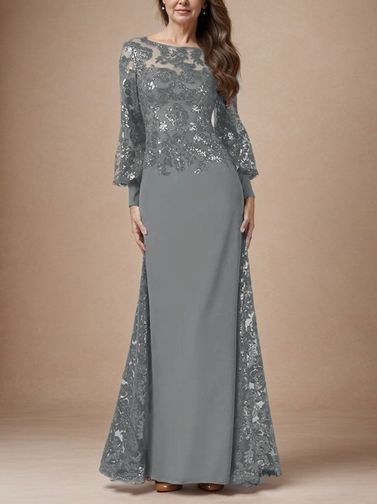 Tight fitting/pillar V rear sequin captain's sleeve chiffon mop mother of the bride dress