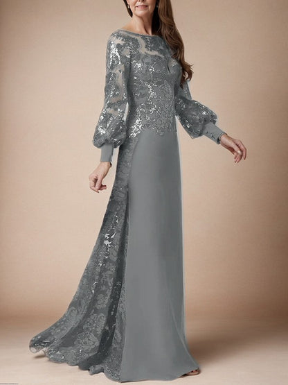 Tight fit/post V-back sequin captain sleeve chiffon mopping mother of the bride dresses