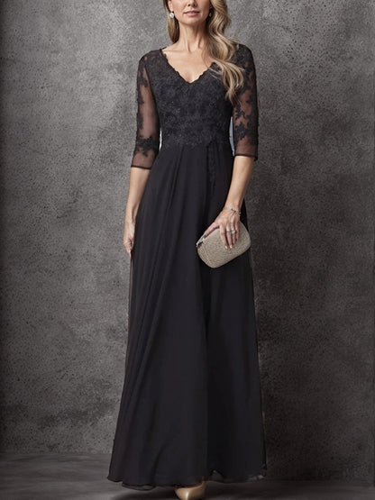 A-shaped/princess zipper with ruffled V-neck and 3/4 sleeves chiffon floor mop mother of the bride dresses