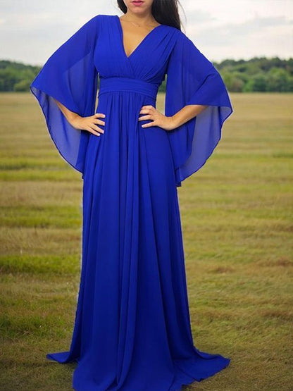 A-shaped V-neck 3/4 sleeve pleats and ground chiffon mother of the bride dresses