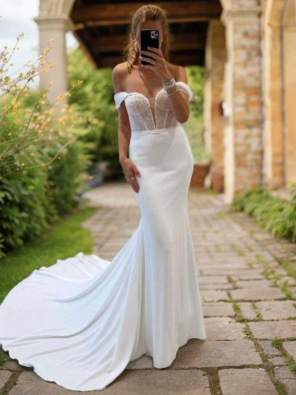 Tight off shoulder and ground length silk tight fitting corset backless wedding dress