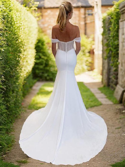 Tight off shoulder and ground length silk tight fitting corset backless wedding dress