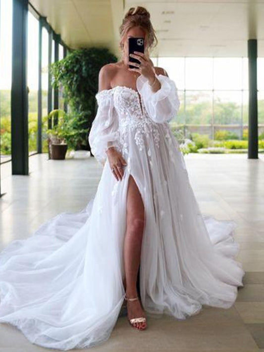 A-line Off Shoulder Long sleeved Applique Lace Palace Dress Tulle and Floor Length Wedding Dress