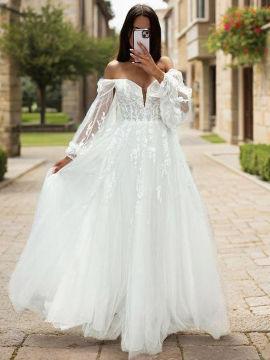 A-shaped off shoulder long sleeved applique lace and ground sheer tight fitting corset wedding dress