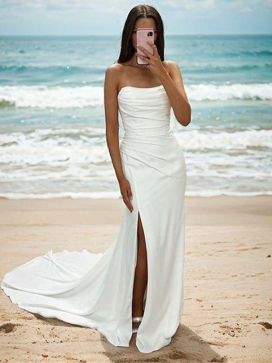 Tight straight pleated church drag  woven satin wedding dress