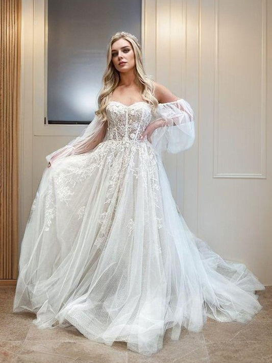 A-shaped Off the Shoulder Long sleeved Applique Lace Church Trailing Tulle Tight Corset Wedding Dress