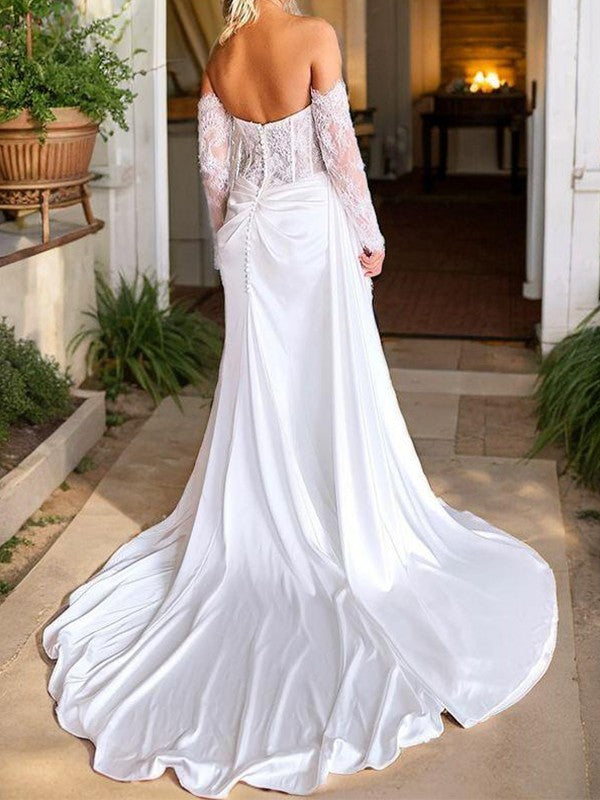 Tight Sweetheart Long Sleeve Applique Lace  Woven Satin Tight Bra and Floor Length Wedding Dress