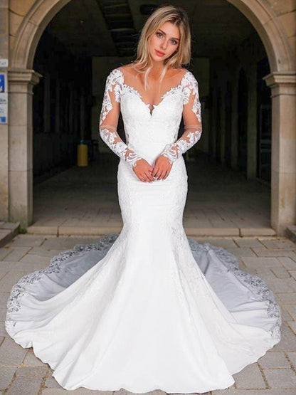 Mermaid Scoop Long Sleeves Appliques Lace Cathedral Train Stretch Crepe Wedding Dress