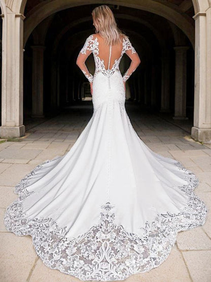 Mermaid Scoop Long Sleeves Appliques Lace Cathedral Train Stretch Crepe Wedding Dress