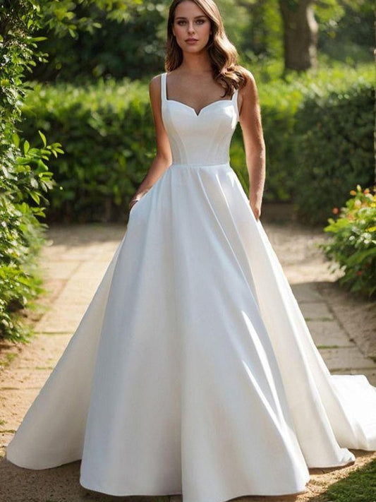 A-line shoulder strap palace train satin tight fitting corset and ground length wedding dress