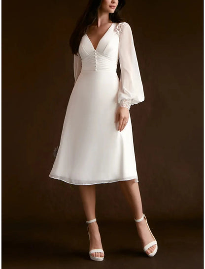 Little White Dresses Wedding Dresses A-Line V Neck Long Sleeve Knee Length Chiffon Bridal Gowns With Pleats Ruched