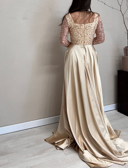 A-Line Evening Gown Elegant Dress Wedding Guest Fall Court Train Long Sleeve Scoop Neck Satin with Pearls