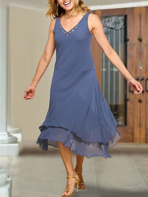 A-line/princess chiffon applique V-neck sleeveless tea long mother of the bride dress