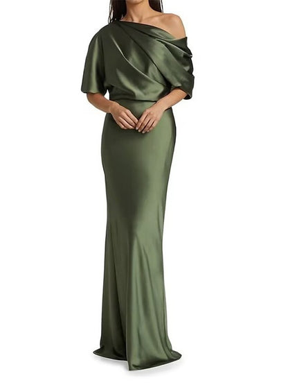 Tight fit/columnar  woven satin pleats on one shoulder 1/2 sleeves and floor length mother of the bride dresses