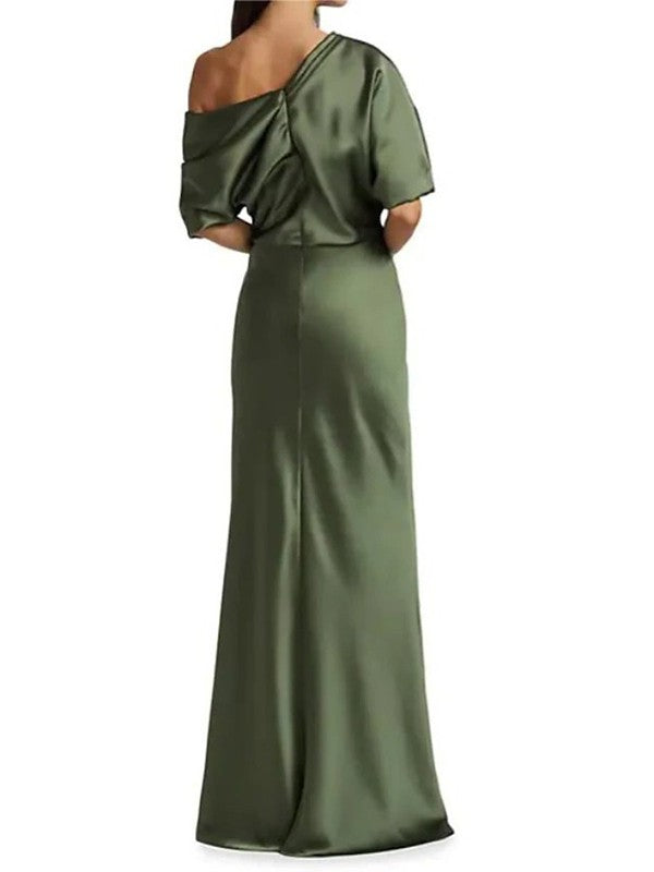 Tight fit/columnar  woven satin pleats on one shoulder 1/2 sleeves and floor length mother of the bride dresses