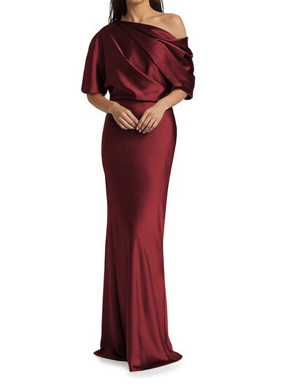 Tight fit/columnar  woven satin pleats on one shoulder 1/2 sleeves and floor length mother of the bride dresses