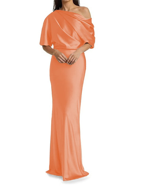 Tight fit/columnar  woven satin pleats on one shoulder 1/2 sleeves and floor length mother of the bride dresses