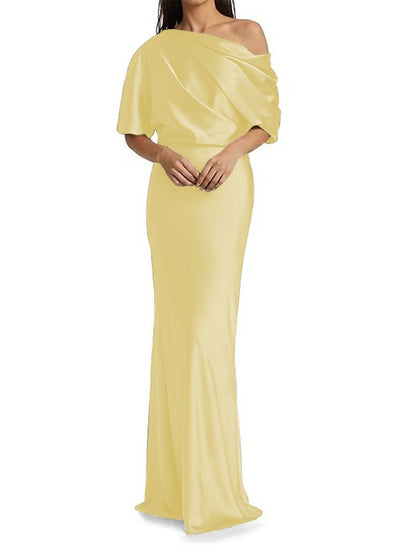 Tight fit/columnar  woven satin pleats on one shoulder 1/2 sleeves and floor length mother of the bride dresses