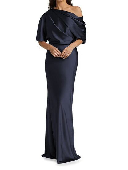 Tight fit/columnar  woven satin pleats on one shoulder 1/2 sleeves and floor length mother of the bride dresses