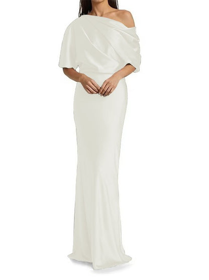 Tight fit/columnar  woven satin pleats on one shoulder 1/2 sleeves and floor length mother of the bride dresses