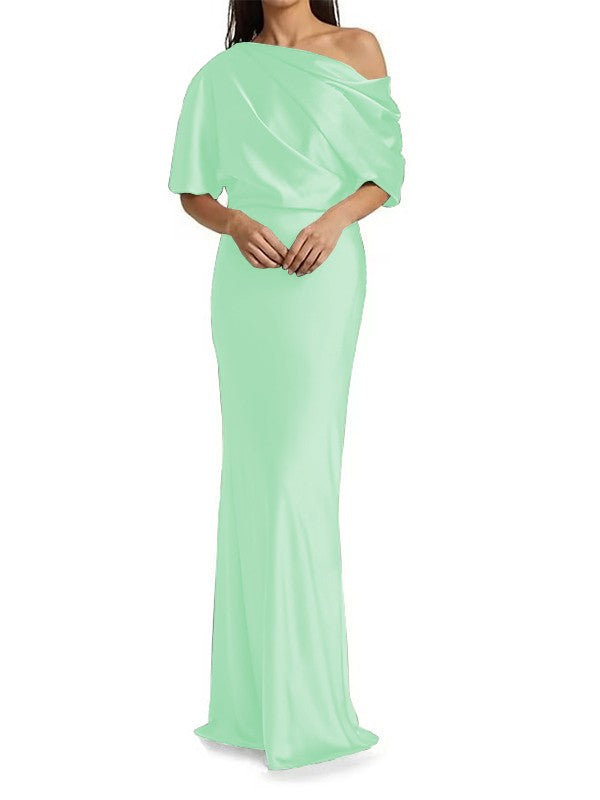 Tight fit/columnar  woven satin pleats on one shoulder 1/2 sleeves and floor length mother of the bride dresses