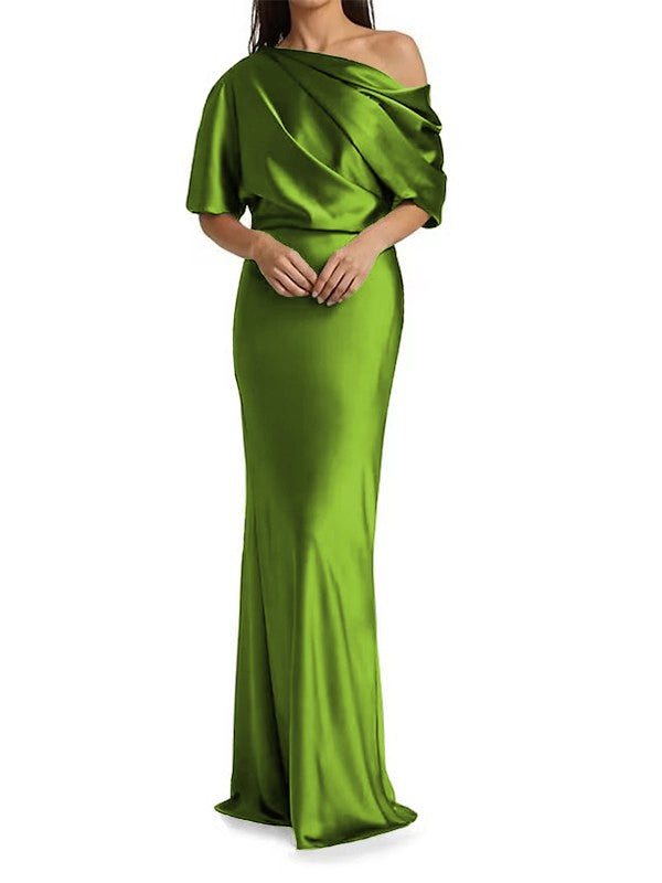 Tight fit/columnar  woven satin pleats on one shoulder 1/2 sleeves and floor length mother of the bride dresses