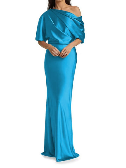 Tight fit/columnar  woven satin pleats on one shoulder 1/2 sleeves and floor length mother of the bride dresses