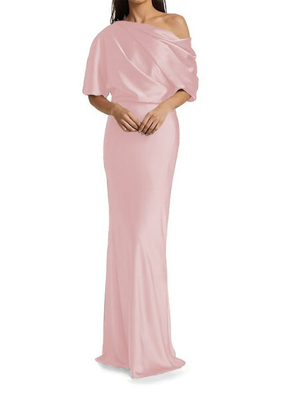 Tight fit/columnar  woven satin pleats on one shoulder 1/2 sleeves and floor length mother of the bride dresses