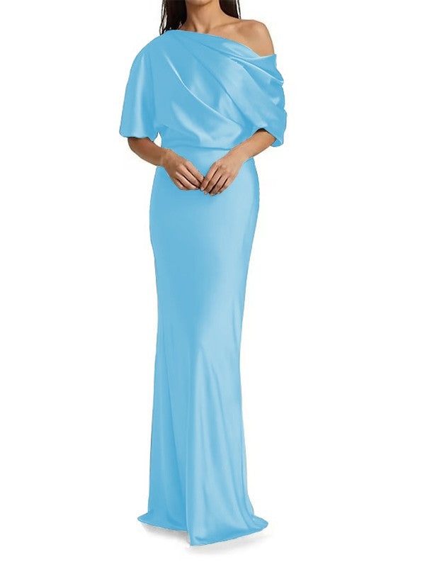 Tight fit/columnar  woven satin pleats on one shoulder 1/2 sleeves and floor length mother of the bride dresses