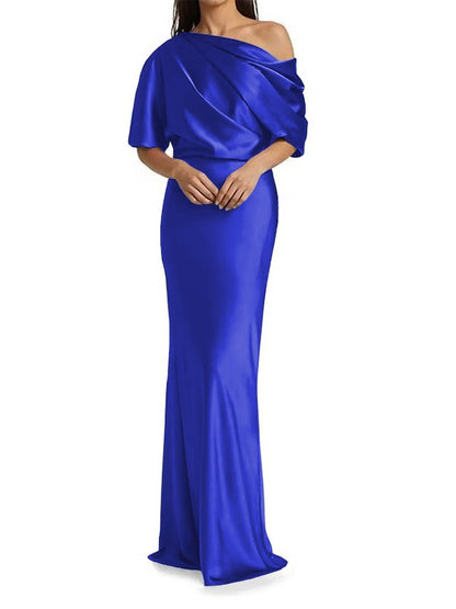 Tight fit/columnar  woven satin pleats on one shoulder 1/2 sleeves and floor length mother of the bride dresses