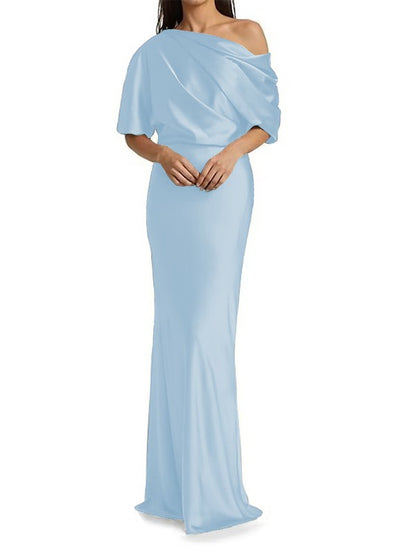 Tight fit/columnar  woven satin pleats on one shoulder 1/2 sleeves and floor length mother of the bride dresses