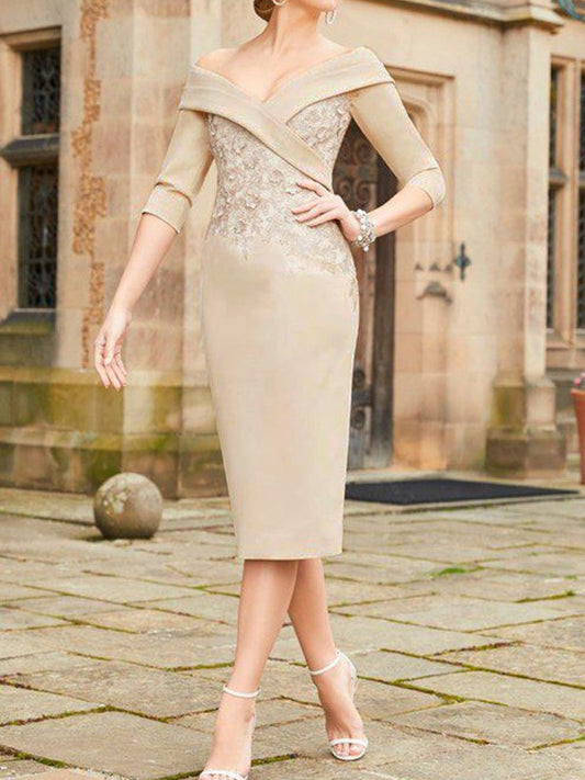 Tight fitting/straight stretch crepe fabric with flower stickers and exposed shoulders long mother of the bride dress