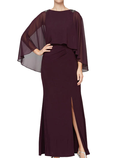A-Line Mother of the Bride Dress Wedding Guest Elegant Jewel Neck Ankle Length Chiffon Long Sleeve with Sequin Split Front Ruching