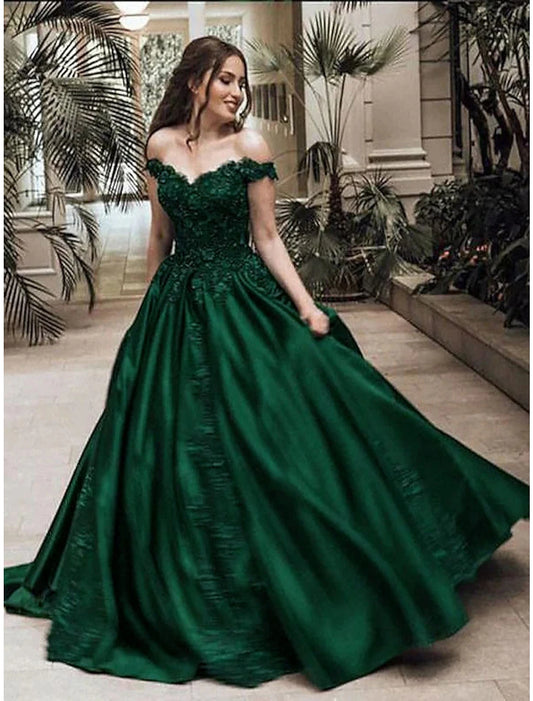 Ball Gown Luxurious Sparkle Quinceanera Prom Dress Off Shoulder Sleeveless Floor Length Lace with Appliques