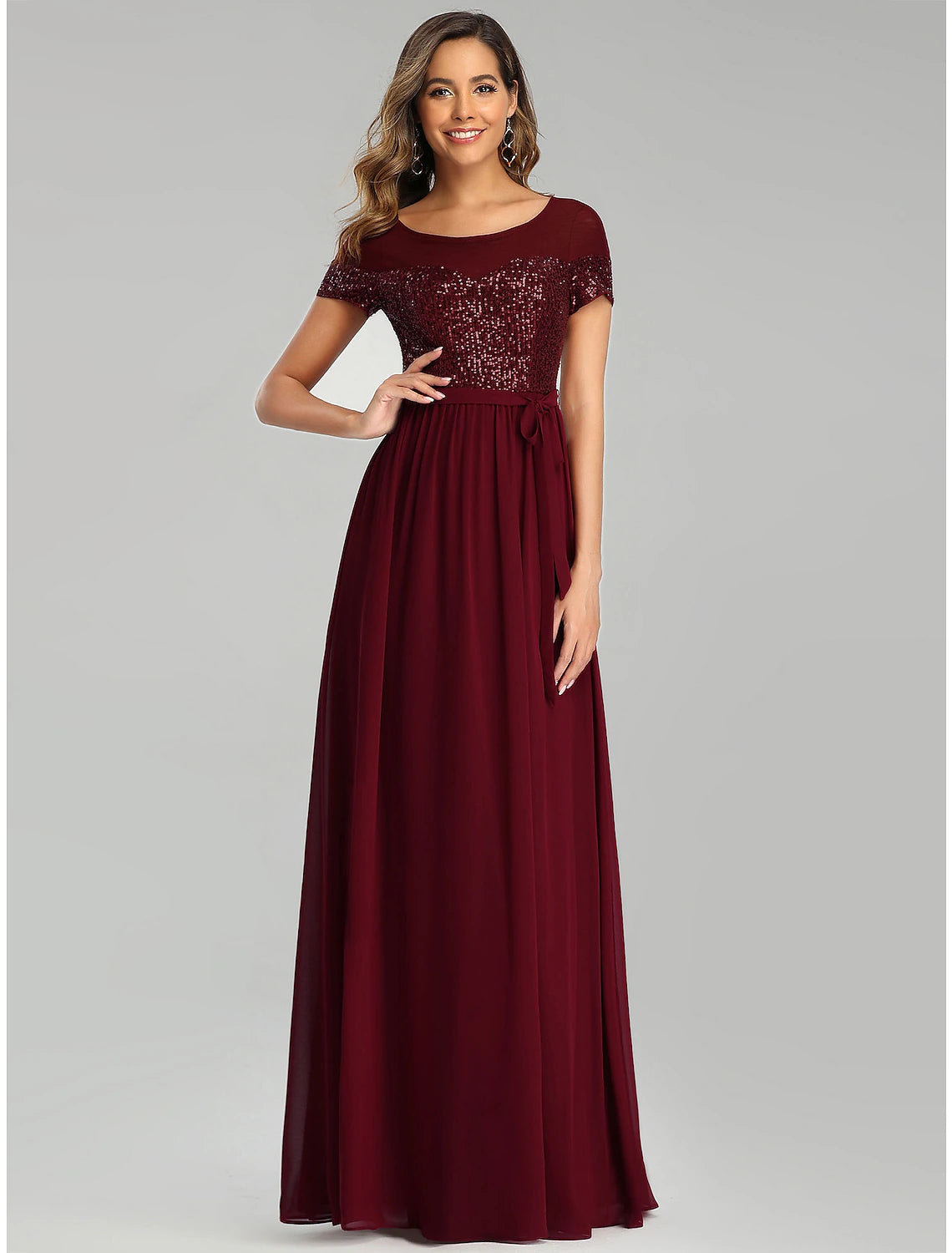 A-Line Bridesmaid Dress Jewel Neck Short Sleeve Elegant Floor Length Chiffon with Sash / Ribbon / Sequin  / Sparkle & Shine