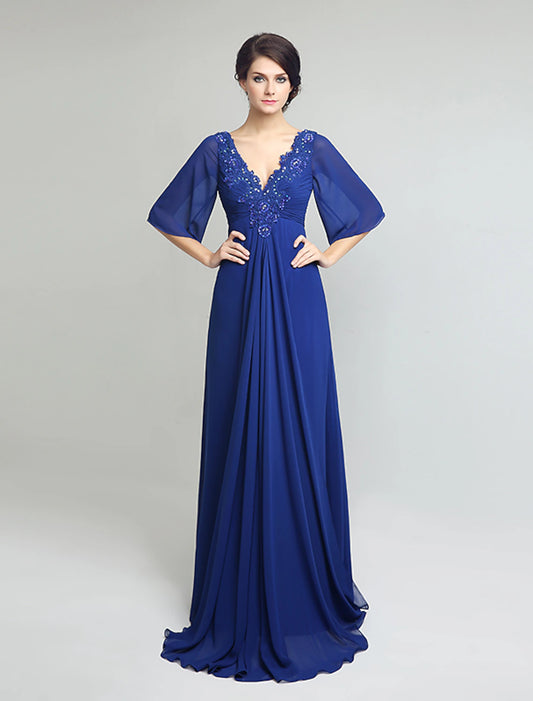 Sheath / Column V Neck Sweep / Brush Train Chiffon Mother of the Bride Dress with Beading