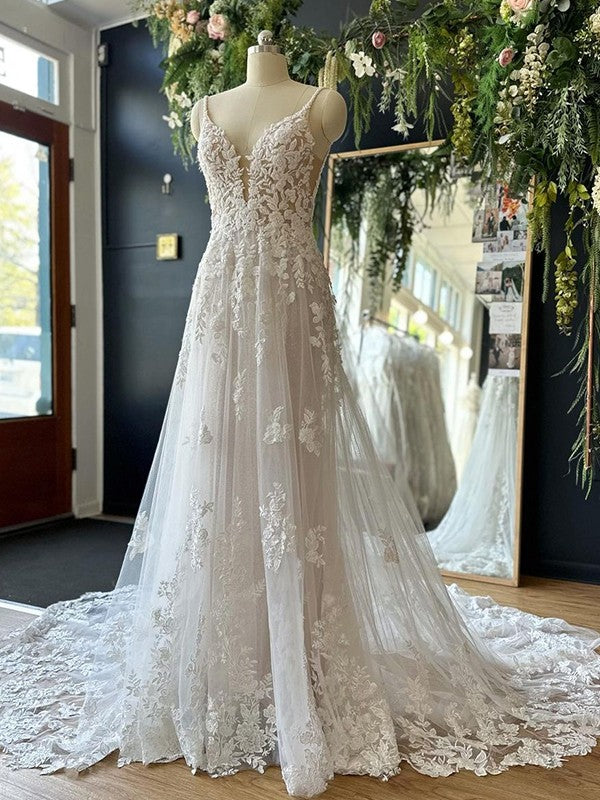 A-linePrincess Lace Applique V-neck Sleeveless and Floor Length Wedding Dress