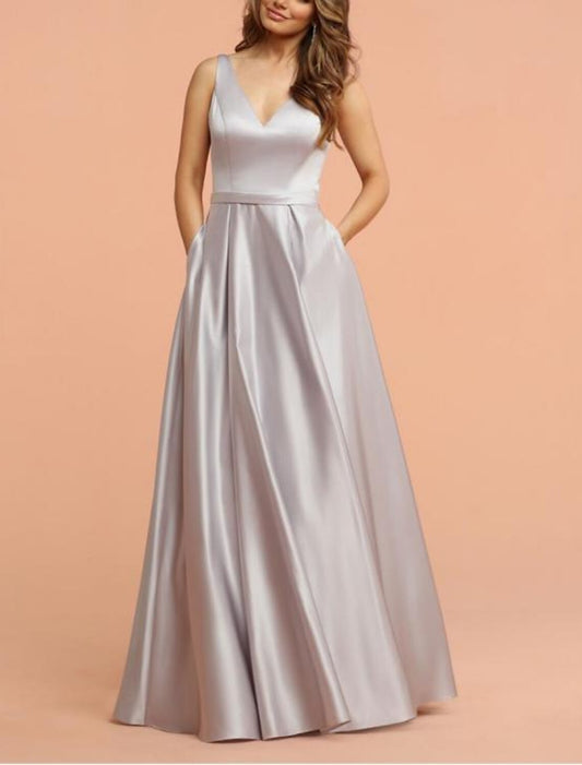 A-Line Bridesmaid Dress Straps / V Neck Sleeveless Vintage Floor Length Shantung / Jersey with Pleats / Ruffles / Ruching