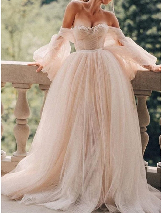 A-Line Evening Gown Elegant Dress Formal Sweep / Brush Train Long Sleeve Sweetheart Tulle with Pleats Ruched