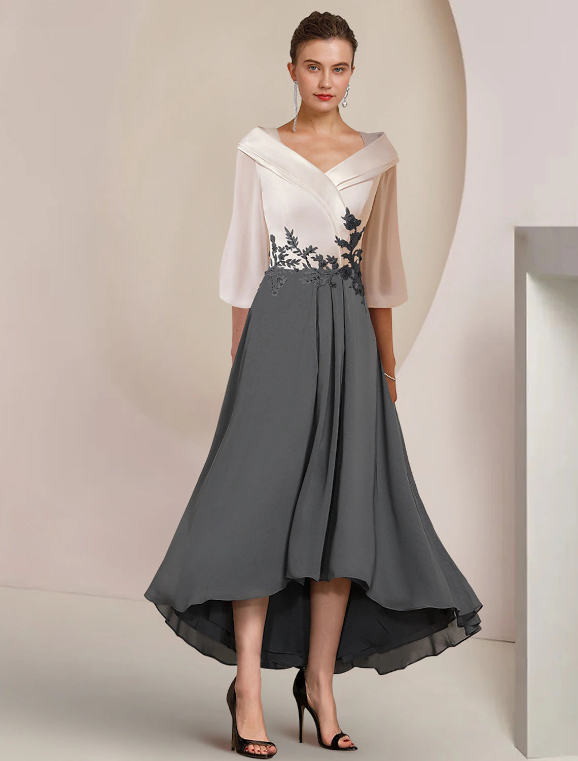 A-Line Mother of the Bride Dress Formal Wedding Guest Elegant High Low V Neck Asymmetrical Tea Length Chiffon Lace 3/4 Length Sleeve with Pleats Appliques Color Block